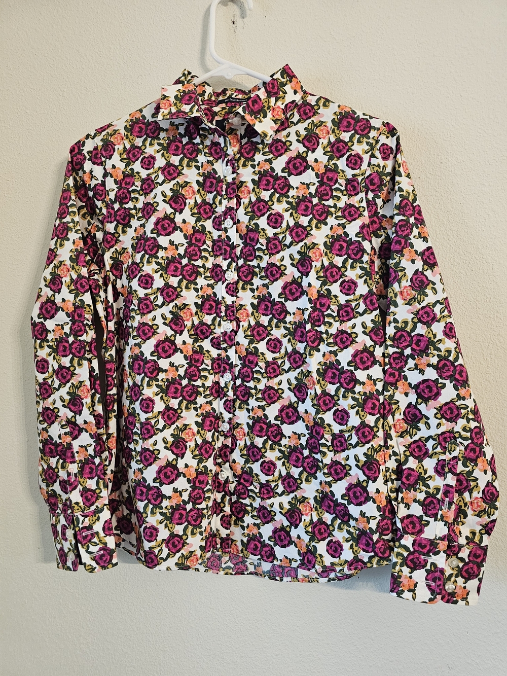 Lands' End Women's Button-Down Shirt - White with Pink Floral Print
